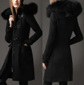 Fur-Hooded Wool Duffle Coat in Black