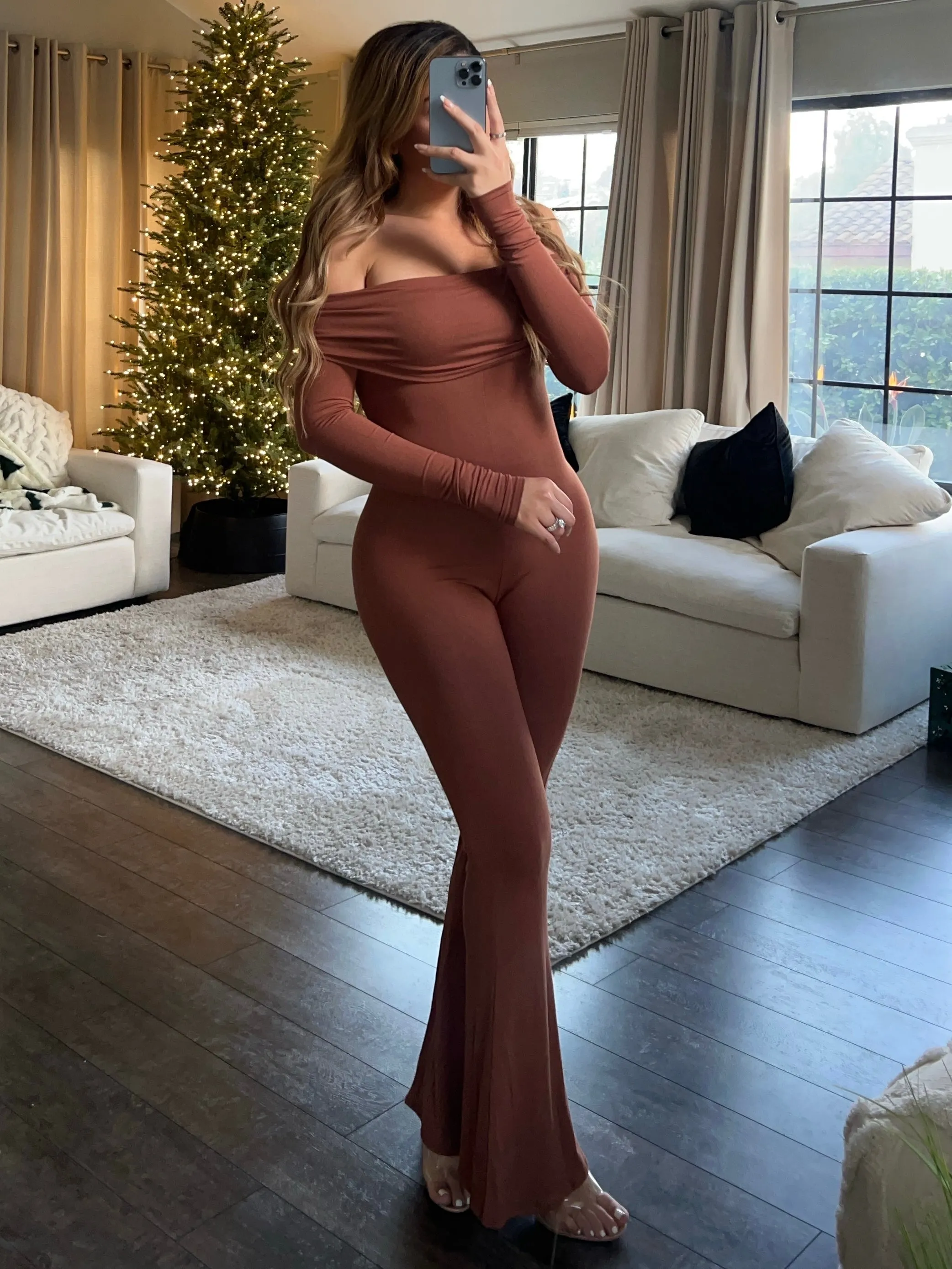 Gabriela Off the Shoulder Jumpsuit (Toffee)