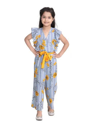 Girl's Cotton Yellow Floral Ruffle Sleeve Jumpsuit - StyleStone Kid