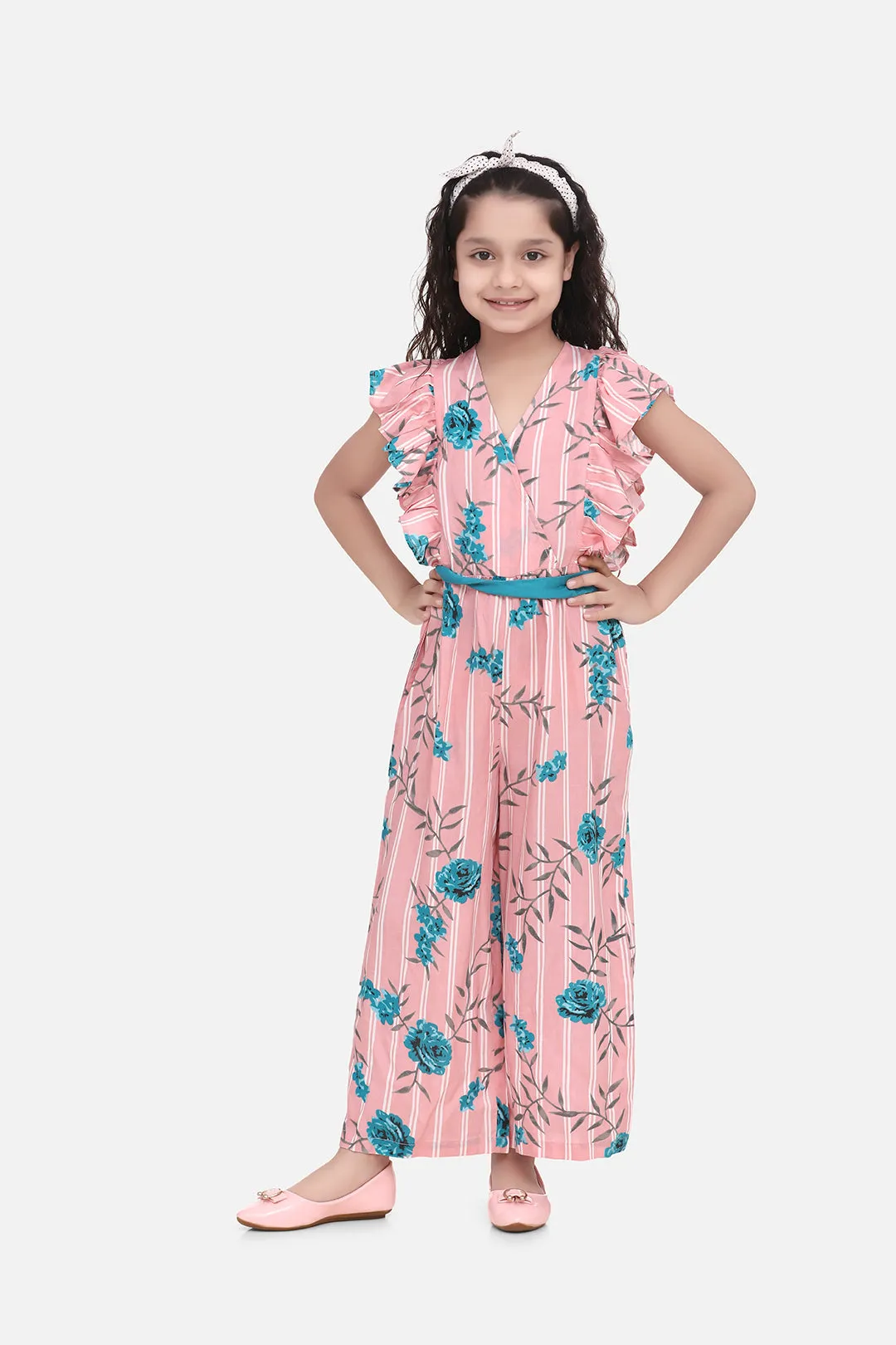 Girl's Cotton Yellow Floral Ruffle Sleeve Jumpsuit - StyleStone Kid