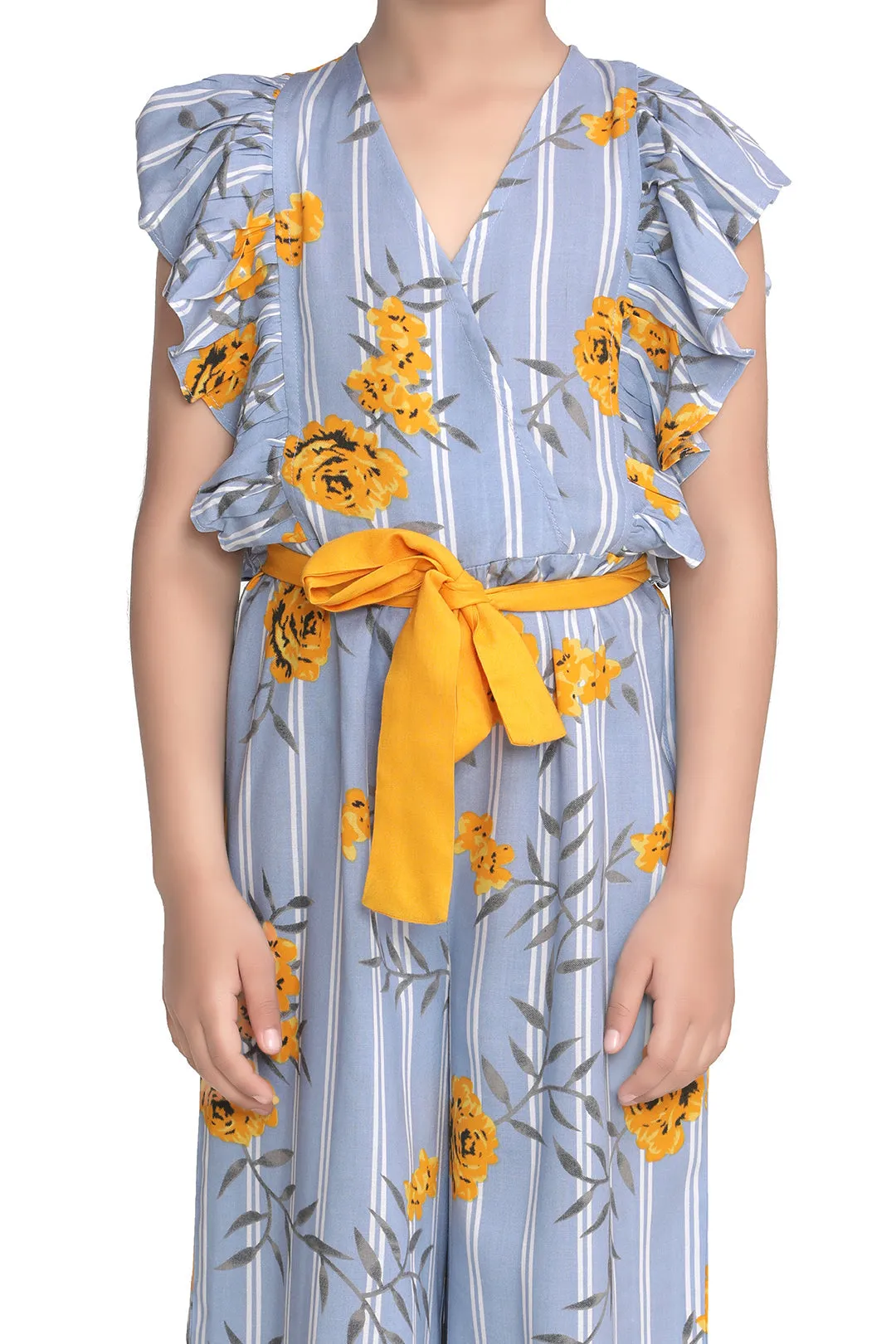 Girl's Cotton Yellow Floral Ruffle Sleeve Jumpsuit - StyleStone Kid