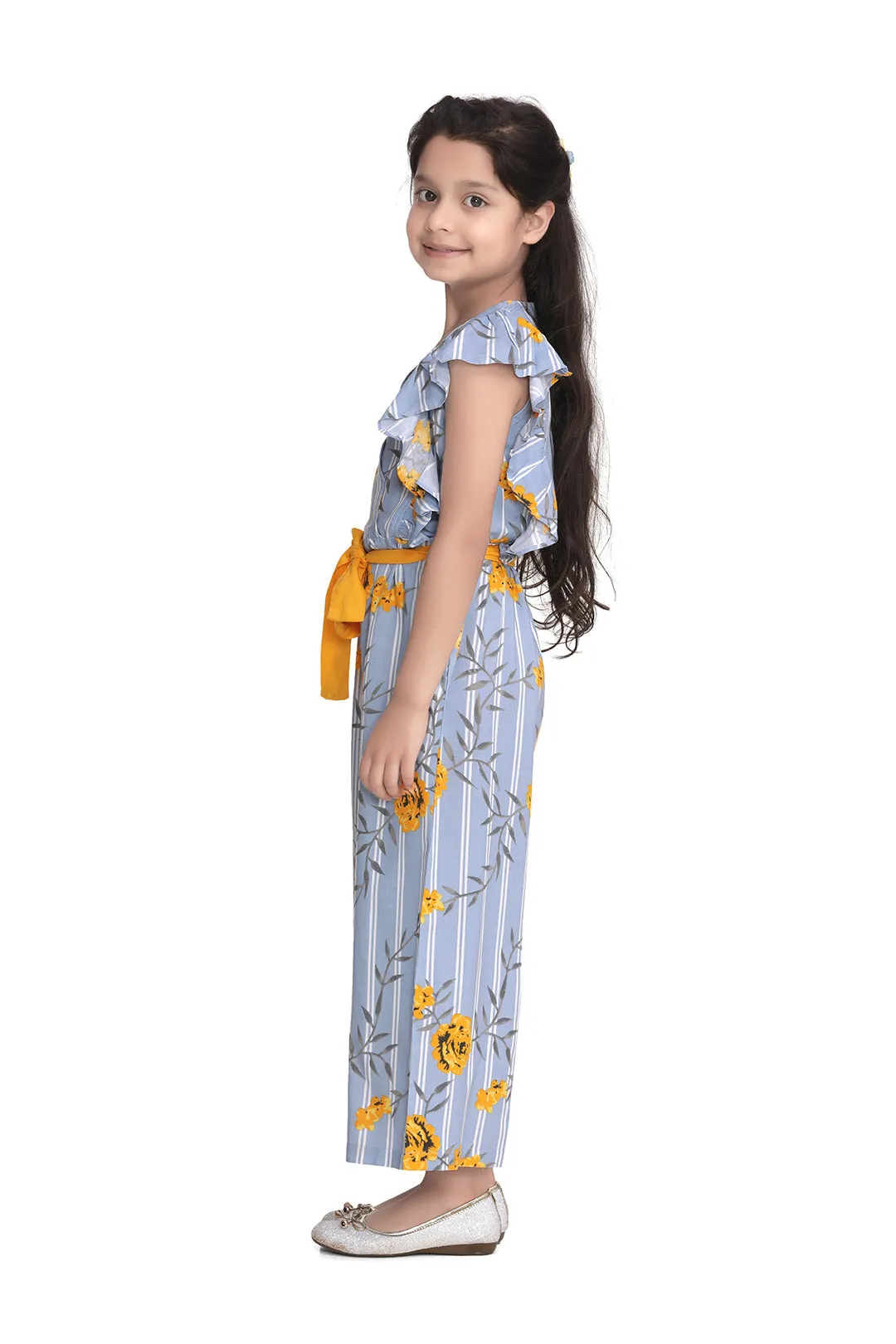 Girl's Cotton Yellow Floral Ruffle Sleeve Jumpsuit - StyleStone Kid