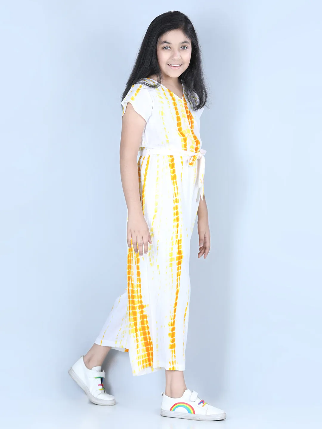 Girl's  Rayon Yellow Tie & Dye Jumpsuit - StyleStone Kid