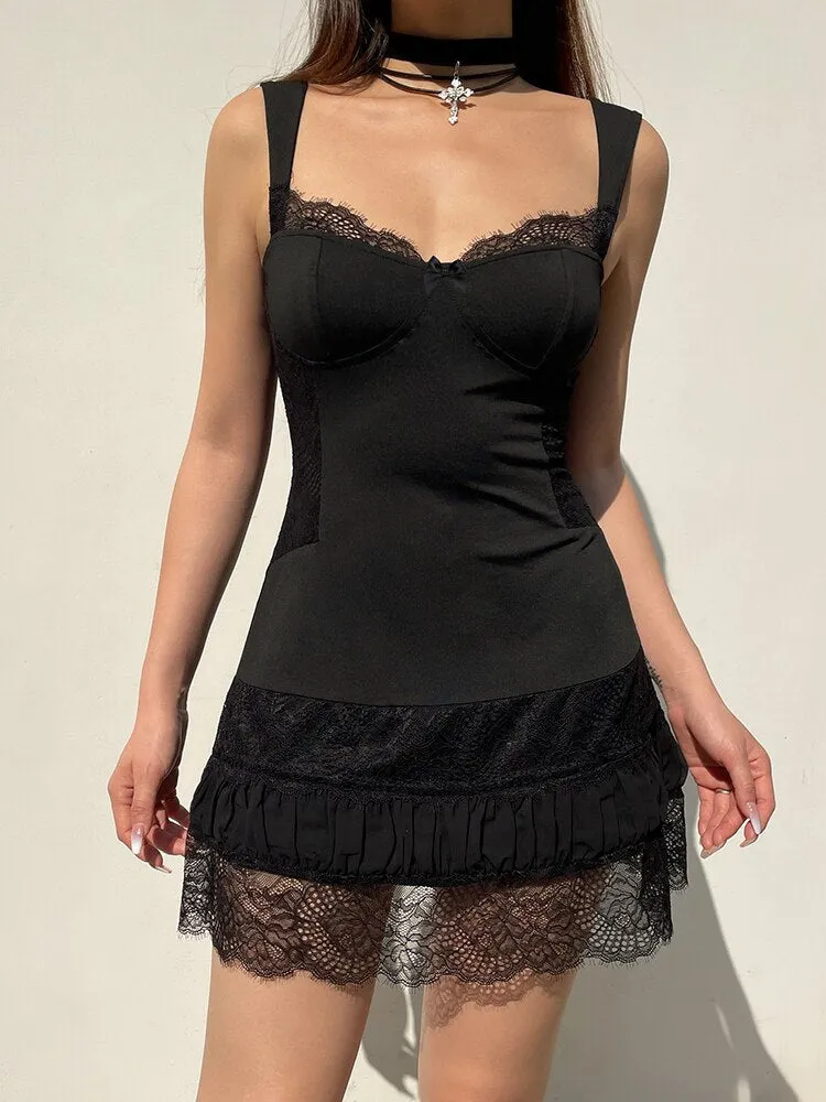 Gothic Lace Patchwork Bow Sleeveless Sundress