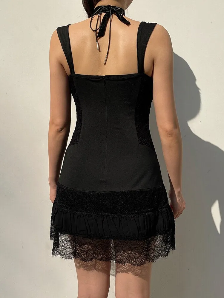 Gothic Lace Patchwork Bow Sleeveless Sundress