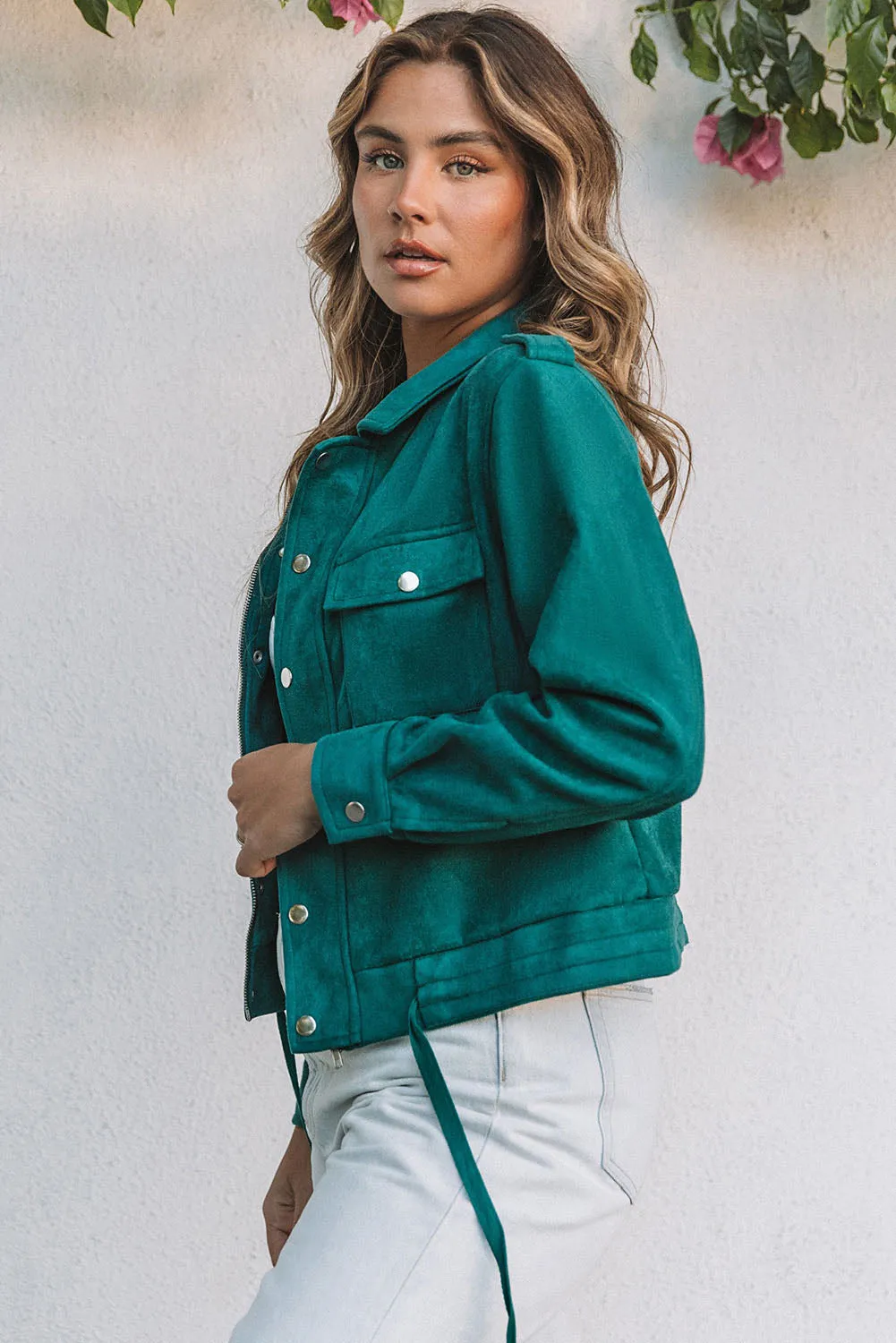 Green Faux Suede Button Down Cropped Jacket