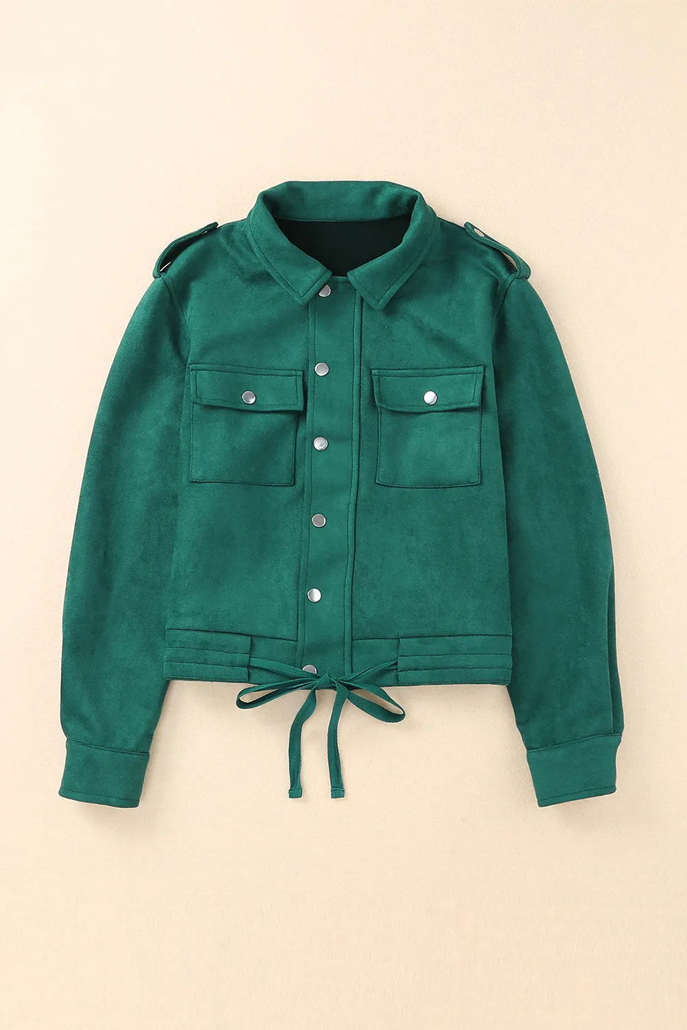 Green Faux Suede Button Down Cropped Jacket