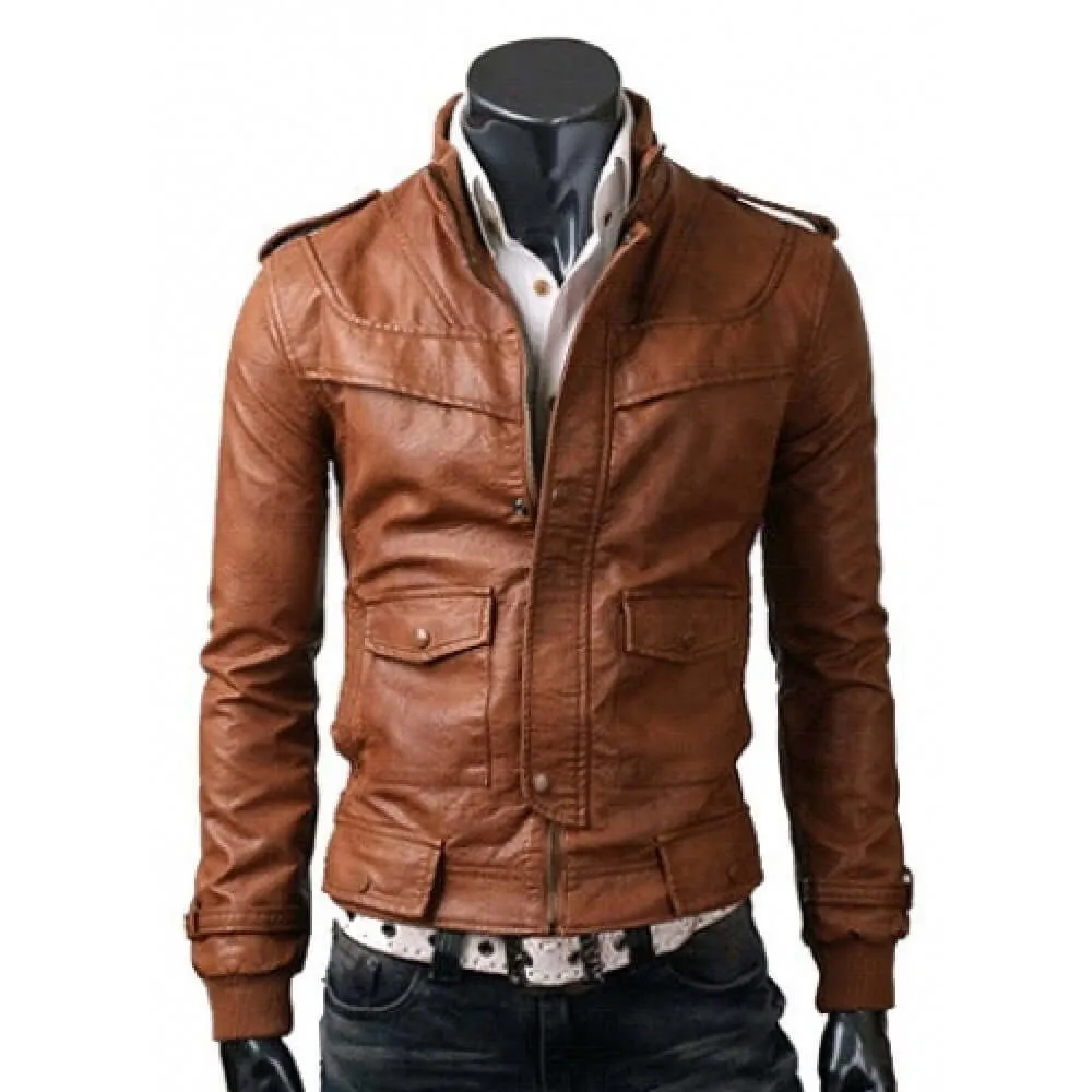 HANDMADE MEN TAN SLIM FIT LEATHER JACKET WITH FLAP POCKETS