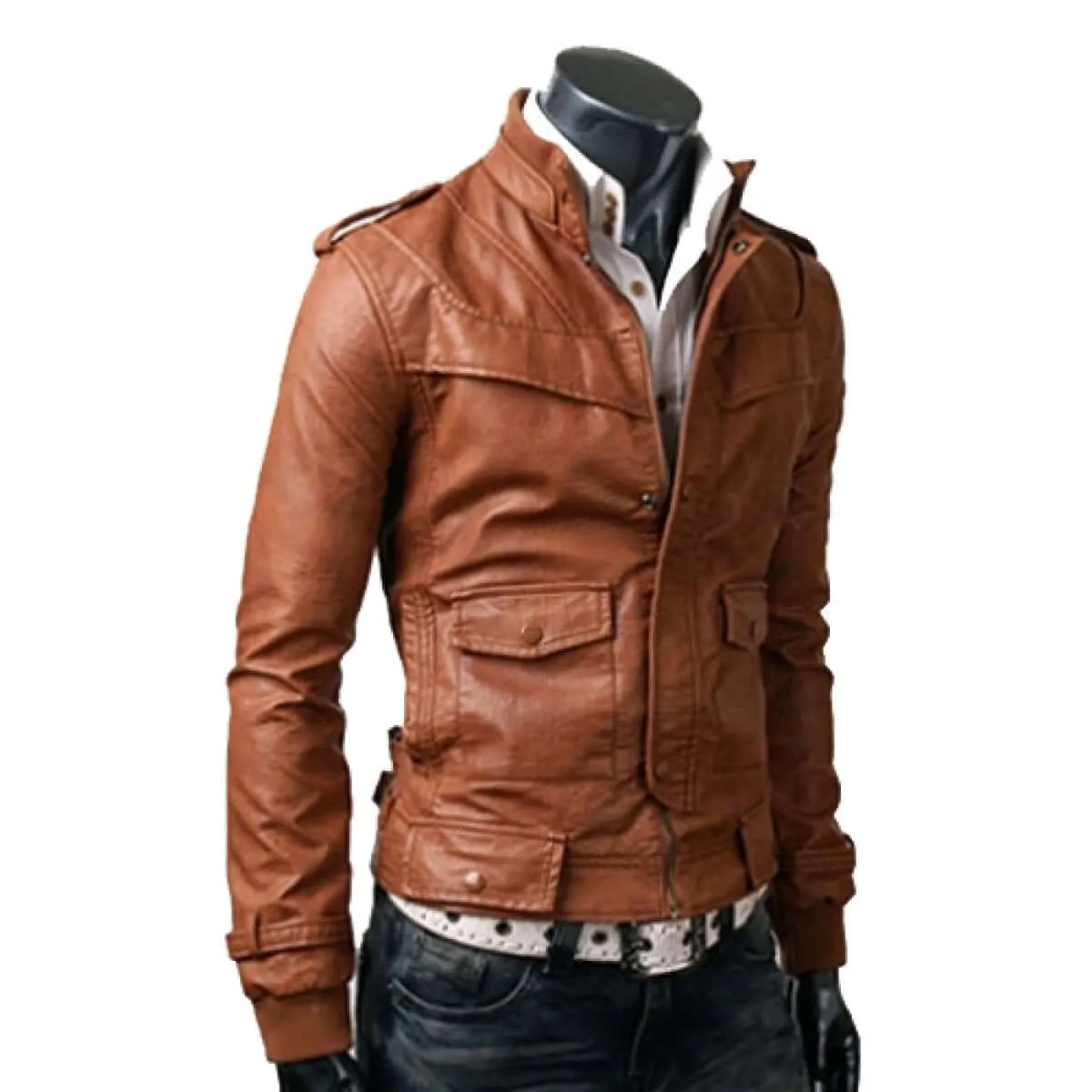 HANDMADE MEN TAN SLIM FIT LEATHER JACKET WITH FLAP POCKETS