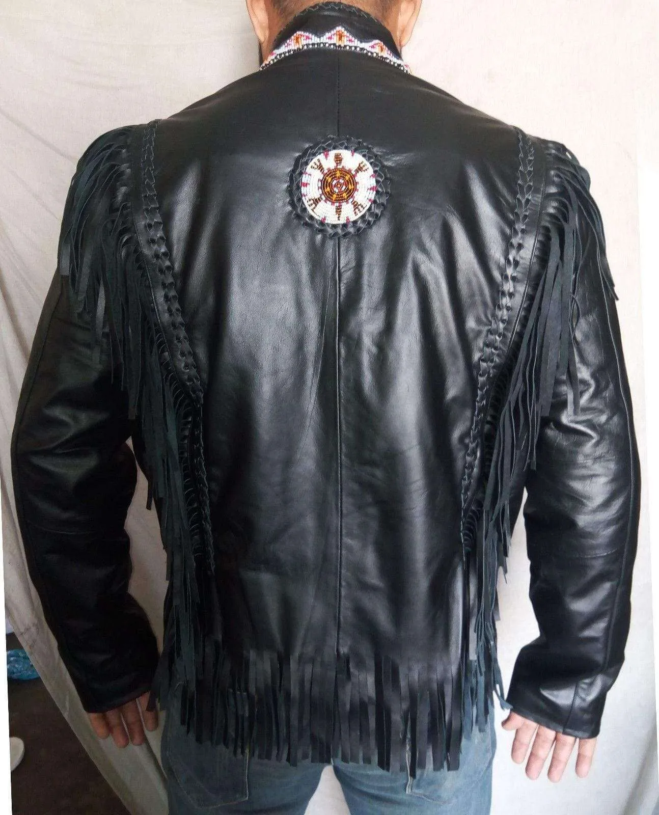 Handmade Western Black Native America Leather Jacket, Fringe Beads Bones jacket