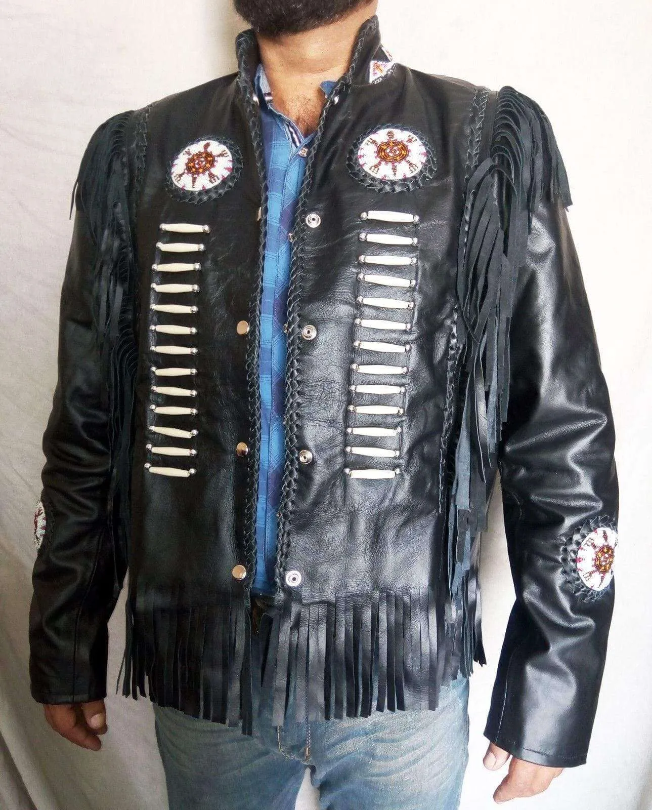 Handmade Western Black Native America Leather Jacket, Fringe Beads Bones jacket