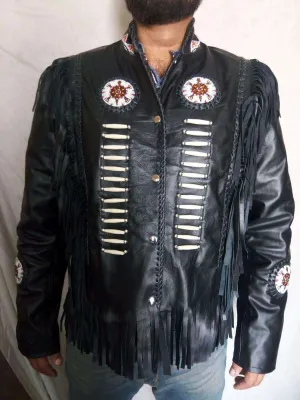 Handmade Western Black Native America Leather Jacket, Fringe Beads Bones jacket