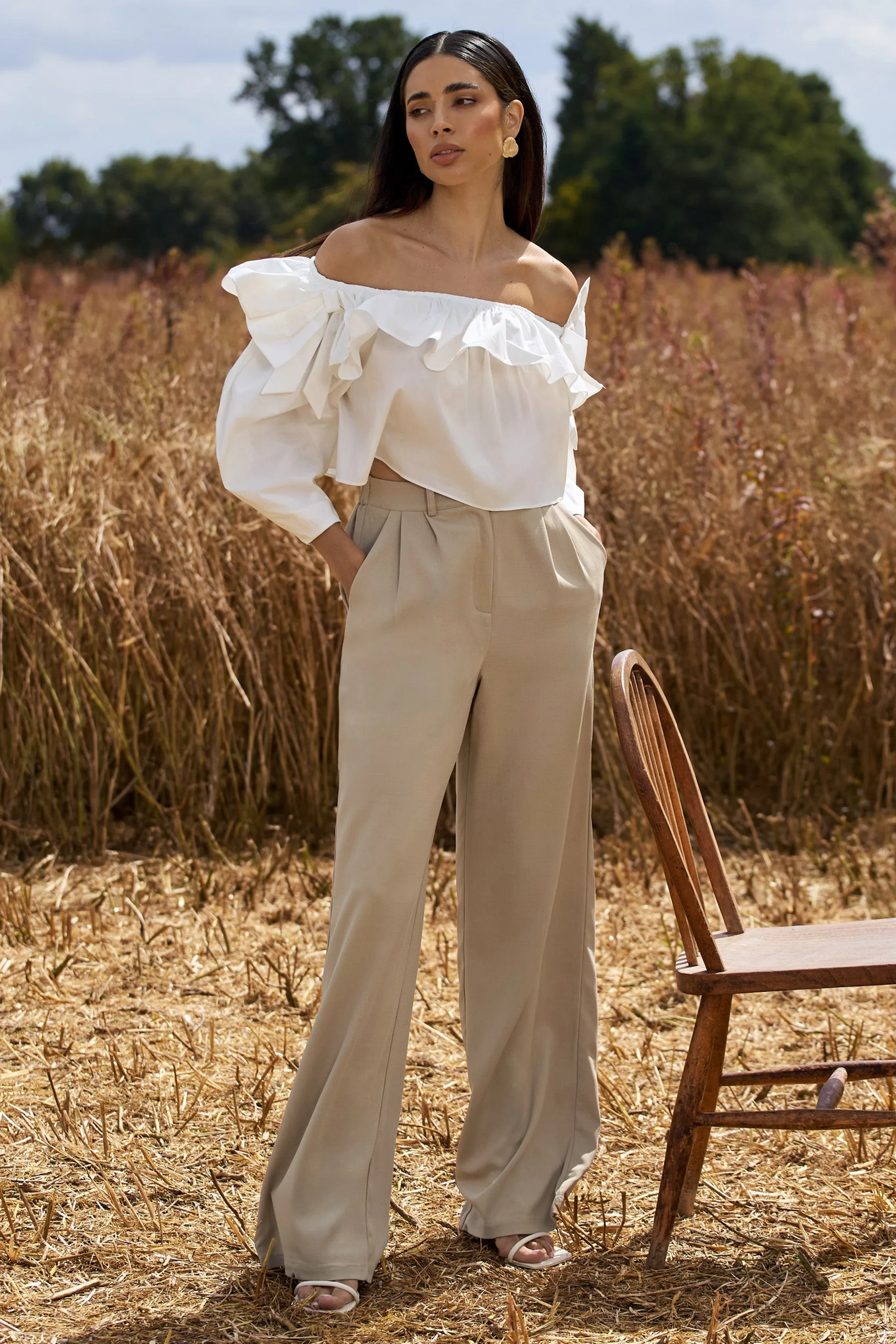 Hastings | Stone High-Waist Wide-Leg Trousers