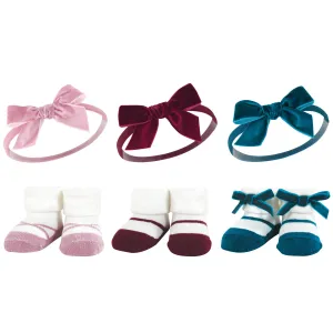 Hudson Baby Headband and Socks Giftset, Burgundy Pink Teal