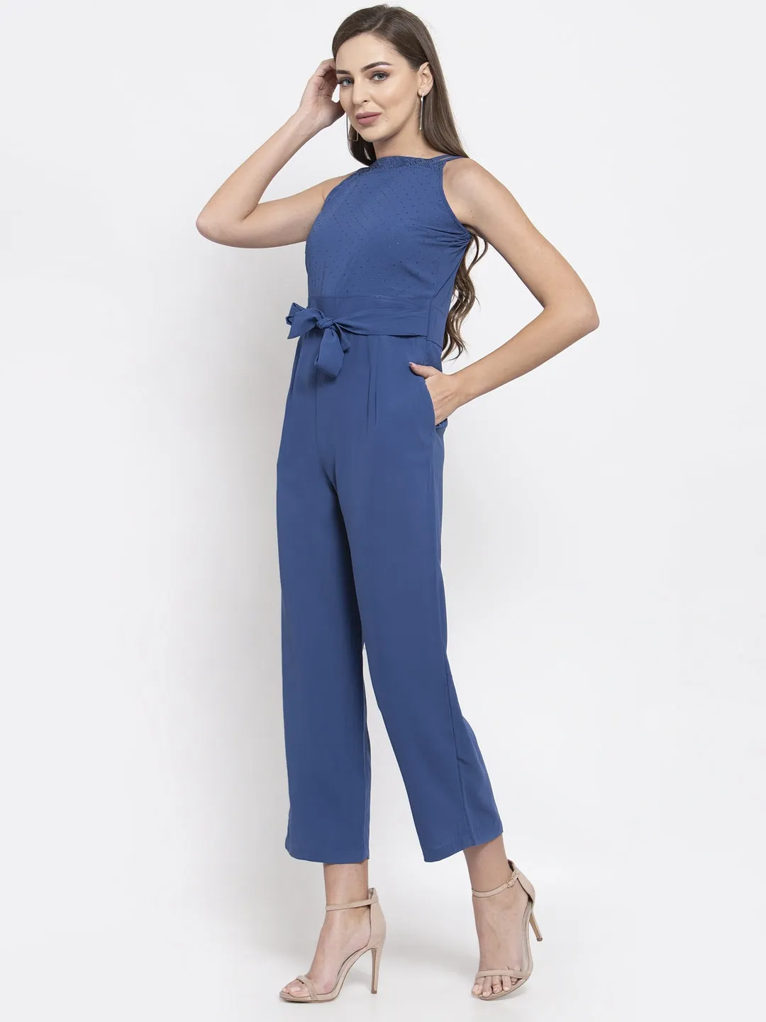 Jashvi Women Blue Solid Embellished Jumpsuit