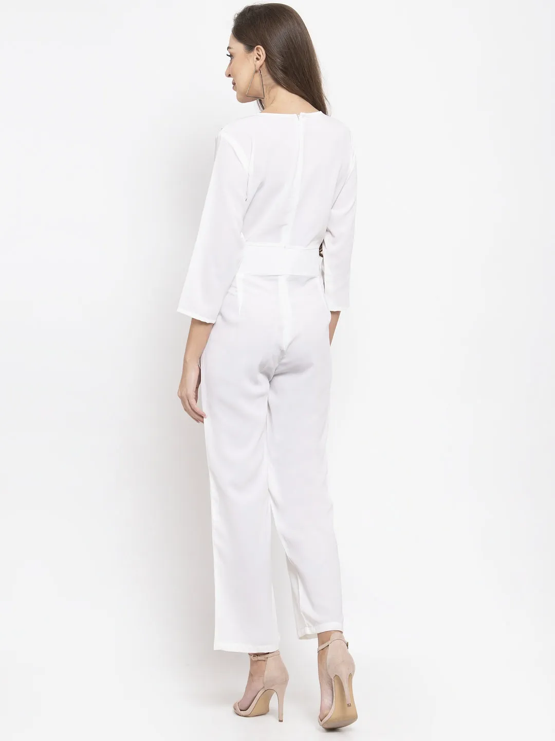 Jashvi Women White Solid Jumpsuit with sequence on neck