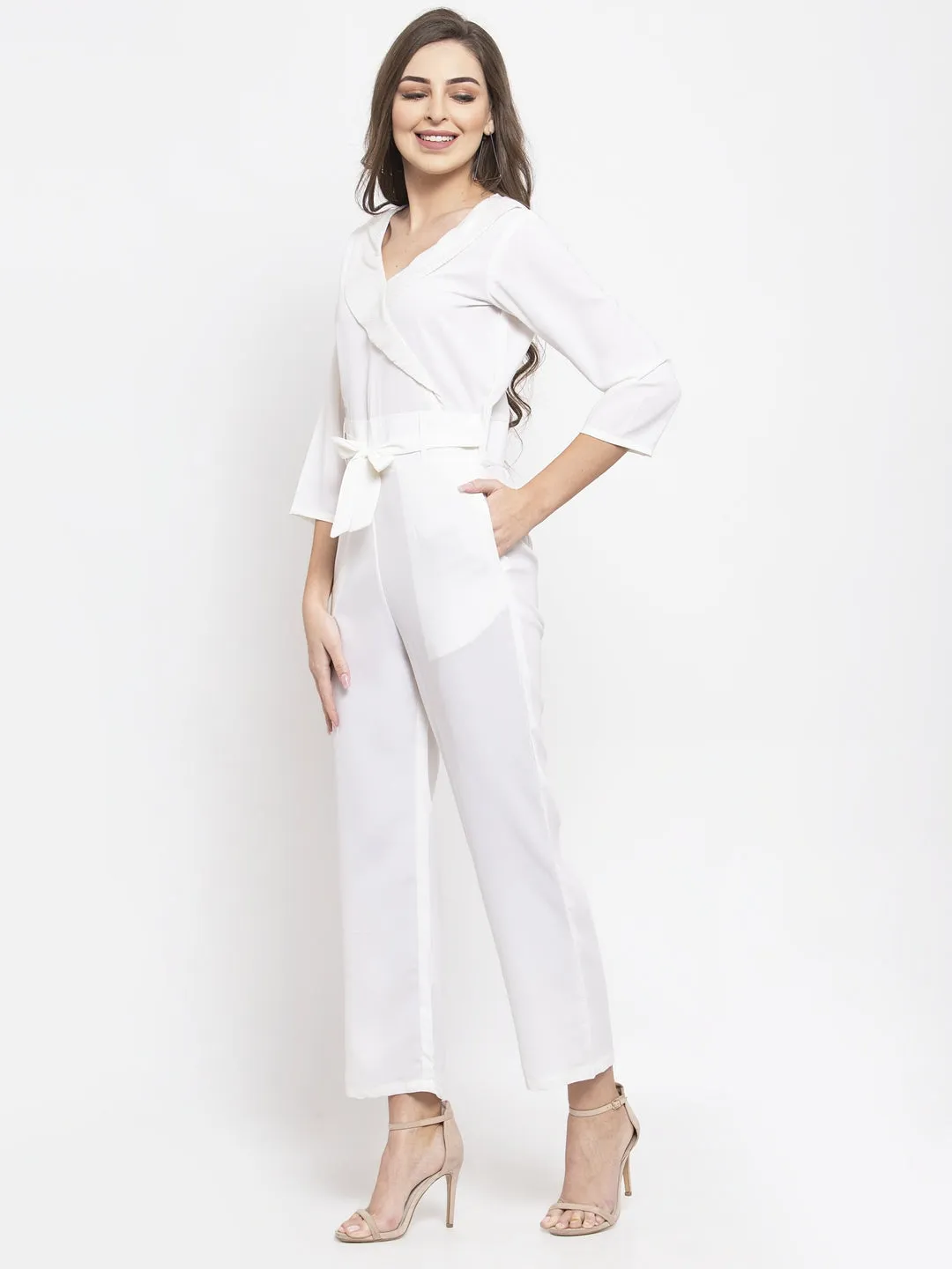 Jashvi Women White Solid Jumpsuit with sequence on neck