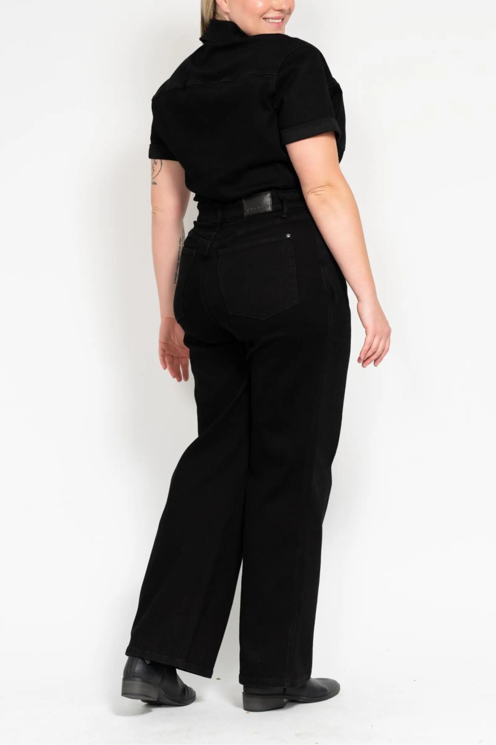 Judy Blue High Waist Garment Dyed Black Tummy Control Short Sleeve Straight Denim Jumpsuit 88853