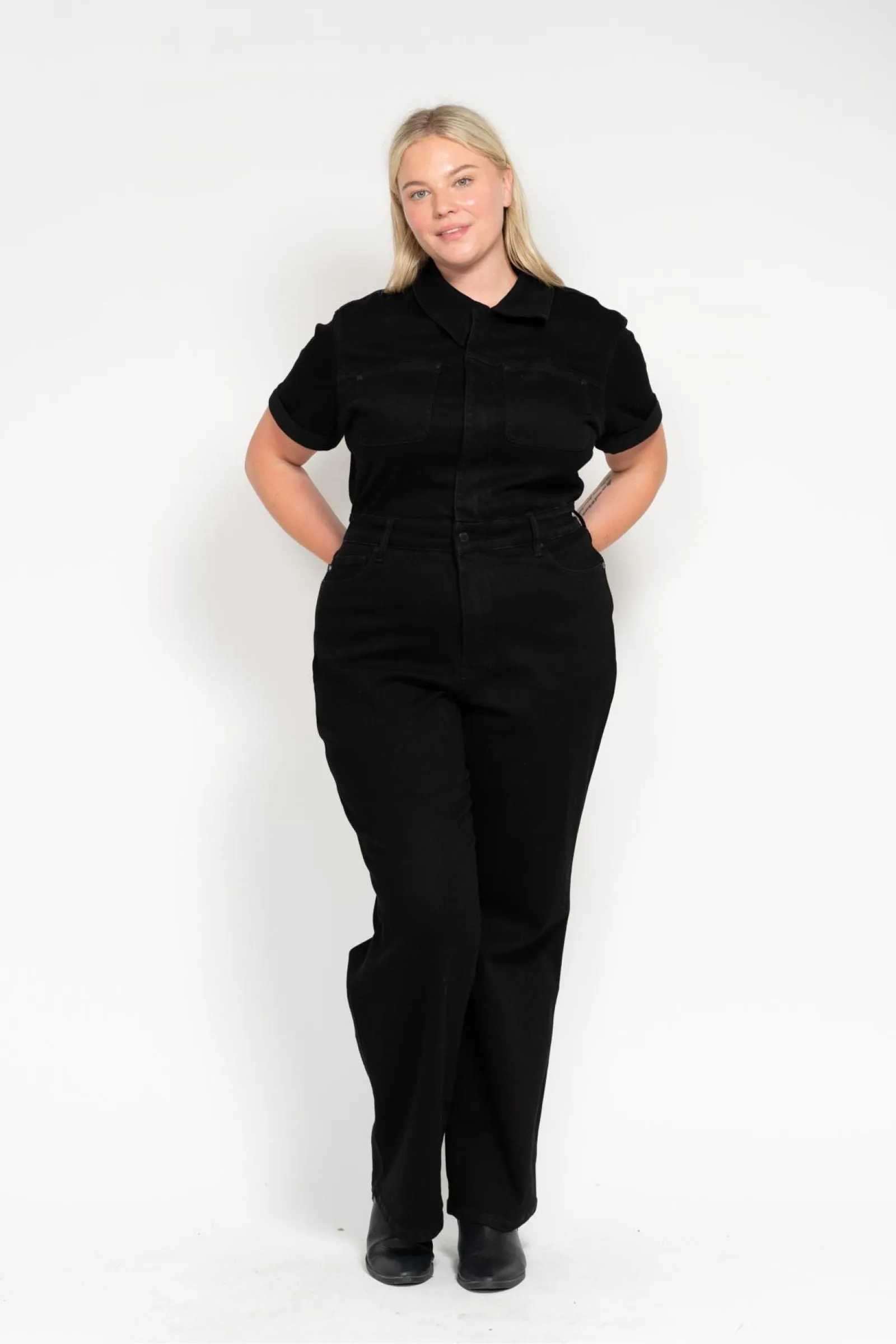 Judy Blue High Waist Garment Dyed Black Tummy Control Short Sleeve Straight Denim Jumpsuit 88853