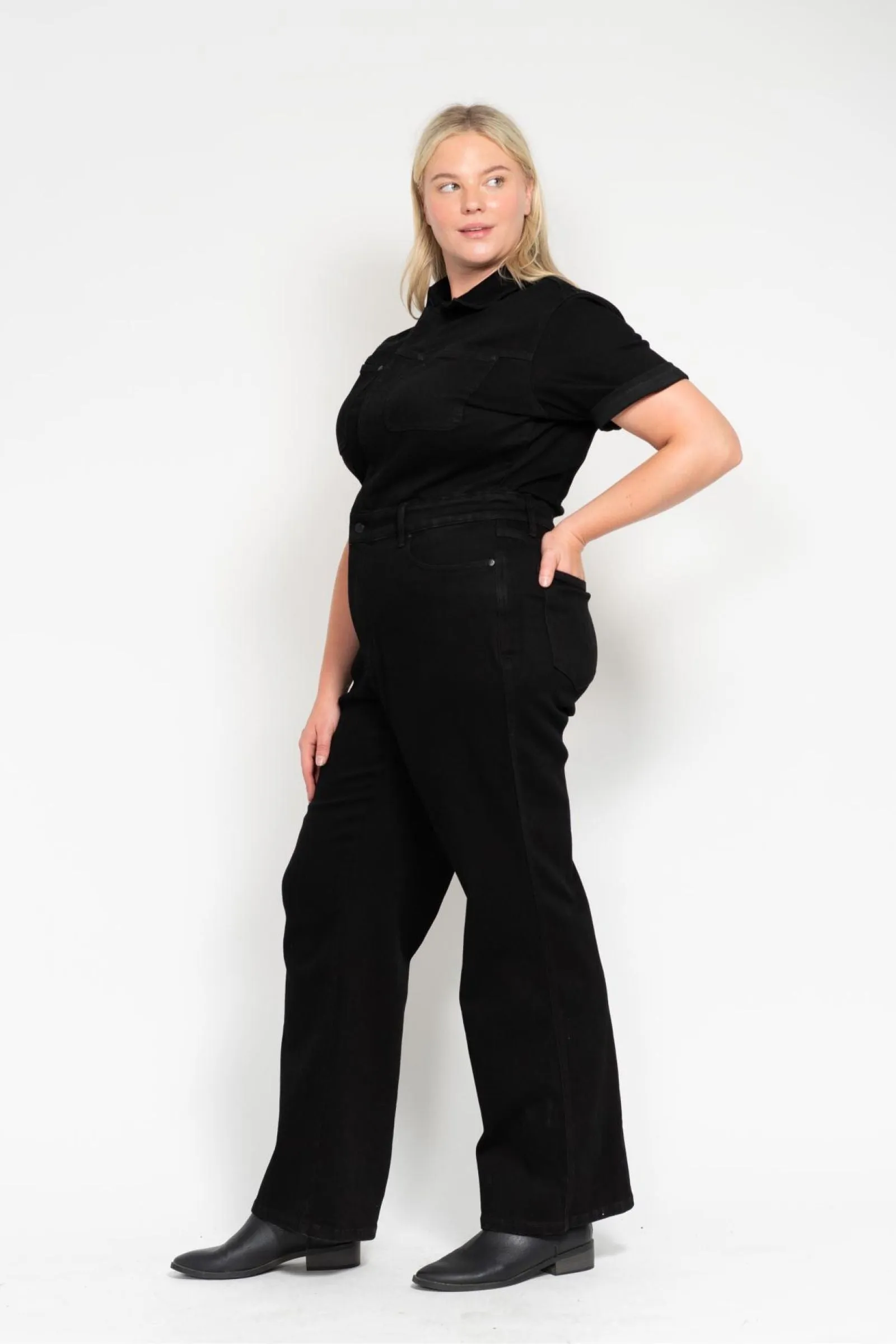 Judy Blue High Waist Garment Dyed Black Tummy Control Short Sleeve Straight Denim Jumpsuit 88853