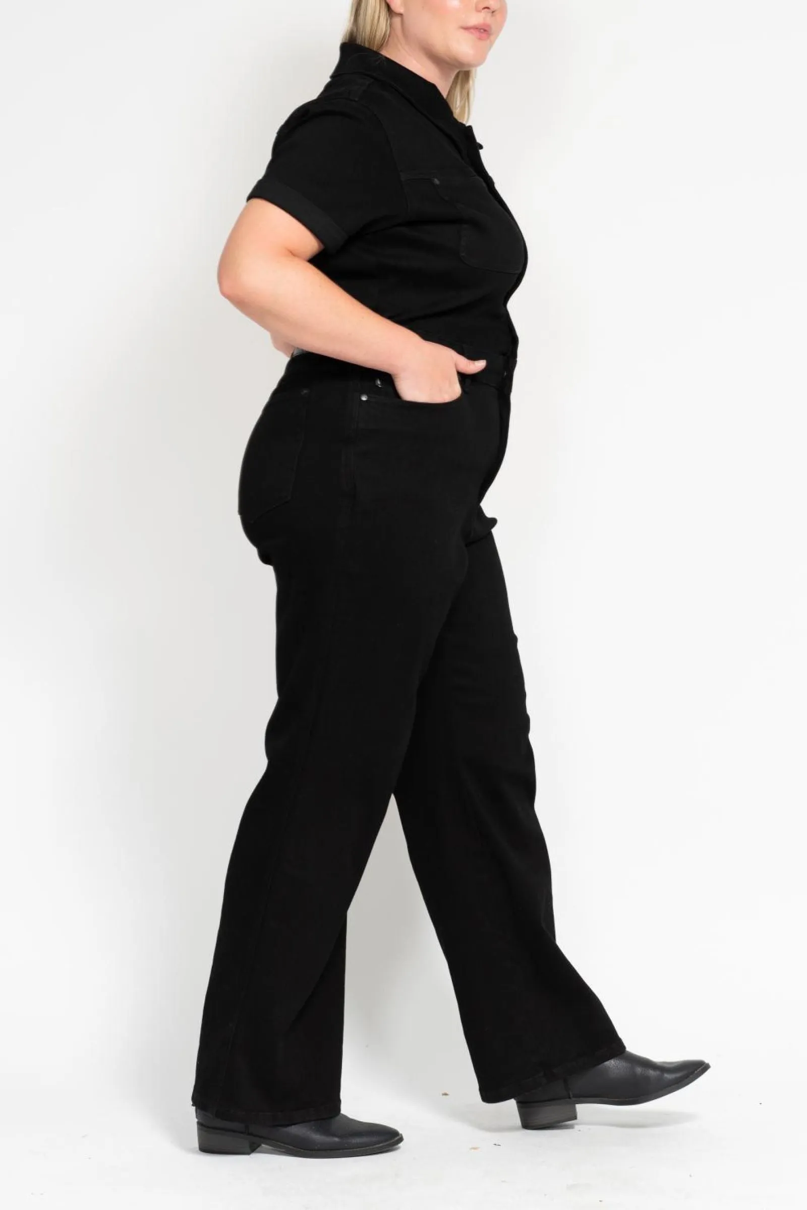 Judy Blue High Waist Garment Dyed Black Tummy Control Short Sleeve Straight Denim Jumpsuit 88853