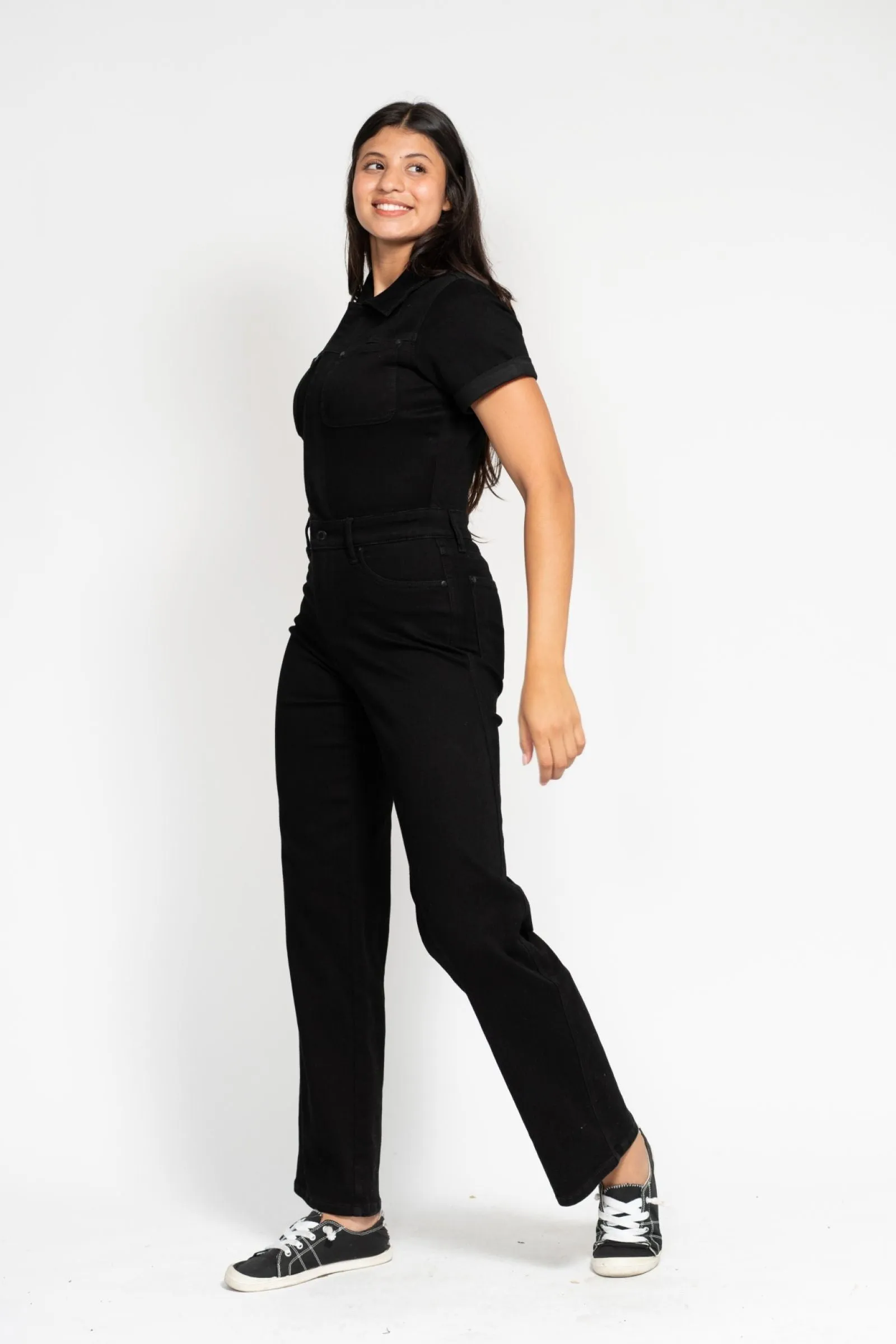 Judy Blue High Waist Garment Dyed Black Tummy Control Short Sleeve Straight Denim Jumpsuit 88853