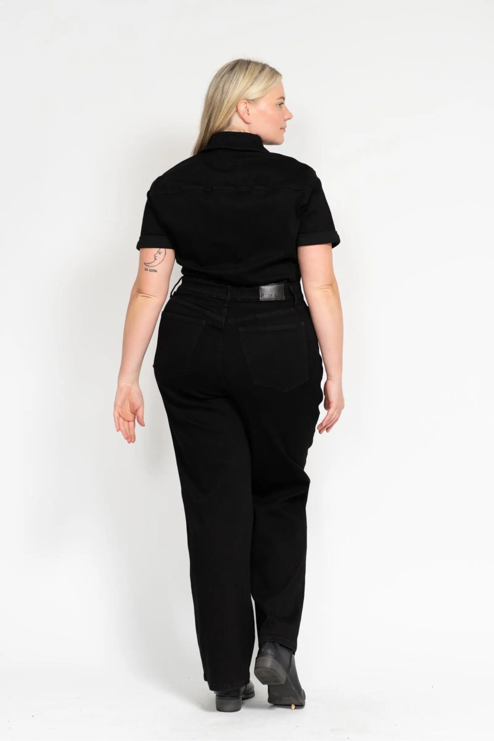 Judy Blue High Waist Garment Dyed Black Tummy Control Short Sleeve Straight Denim Jumpsuit 88853