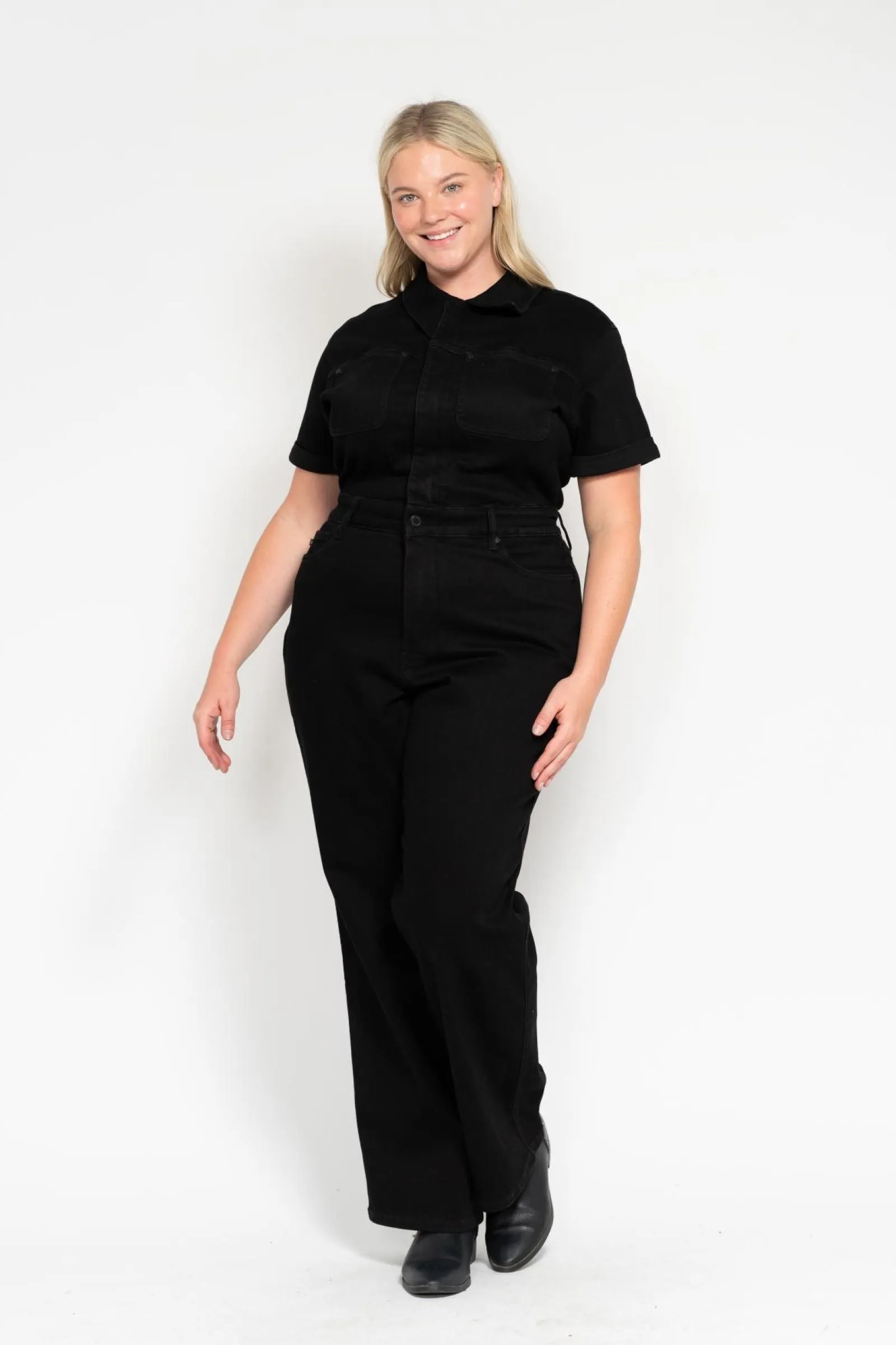 Judy Blue High Waist Garment Dyed Black Tummy Control Short Sleeve Straight Denim Jumpsuit 88853