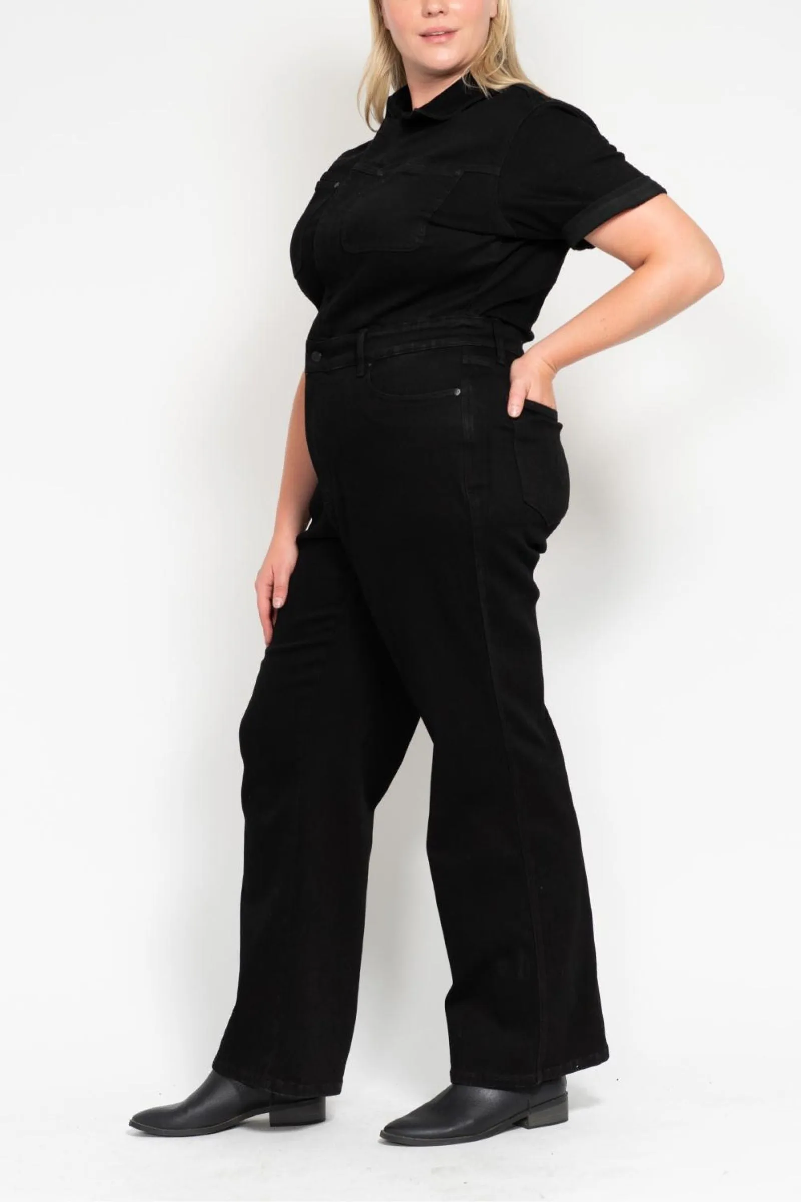 Judy Blue High Waist Garment Dyed Black Tummy Control Short Sleeve Straight Denim Jumpsuit 88853