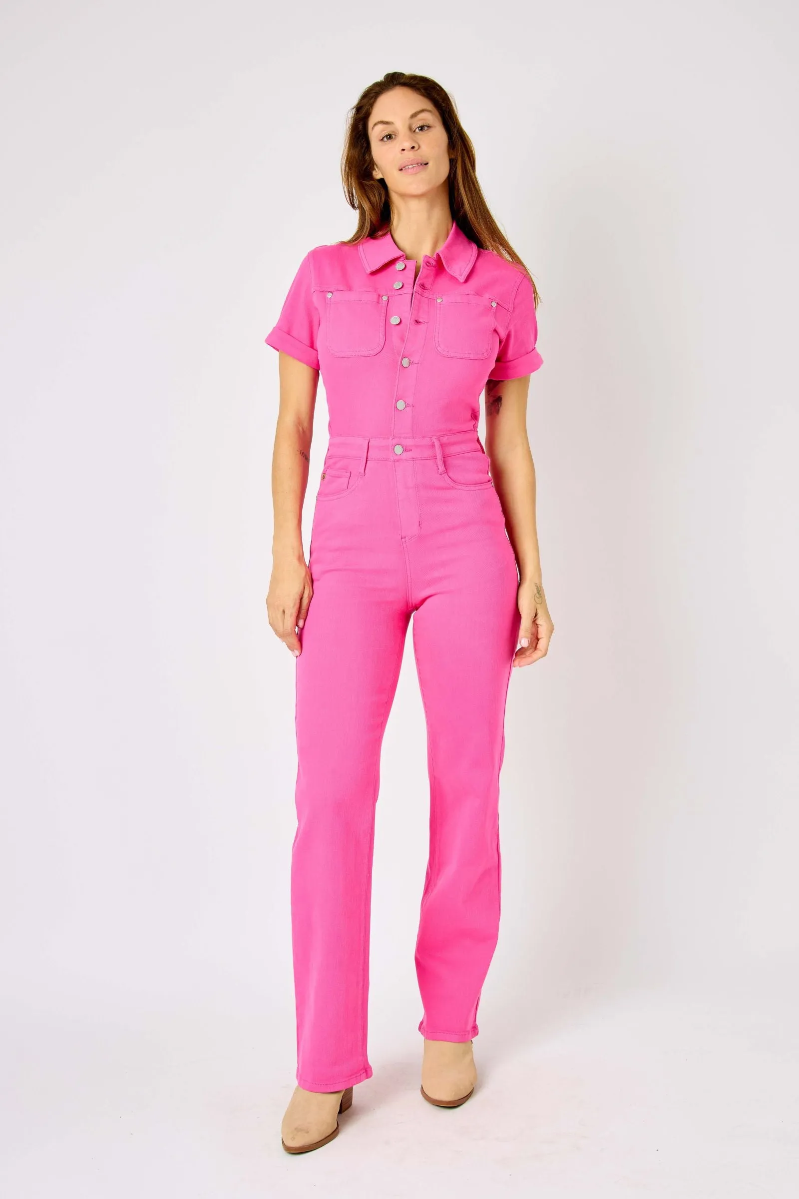 Judy Blue High Waist Garment Dyed Hot Pink Short Sleeve Straight Denim Jumpsuit 88834