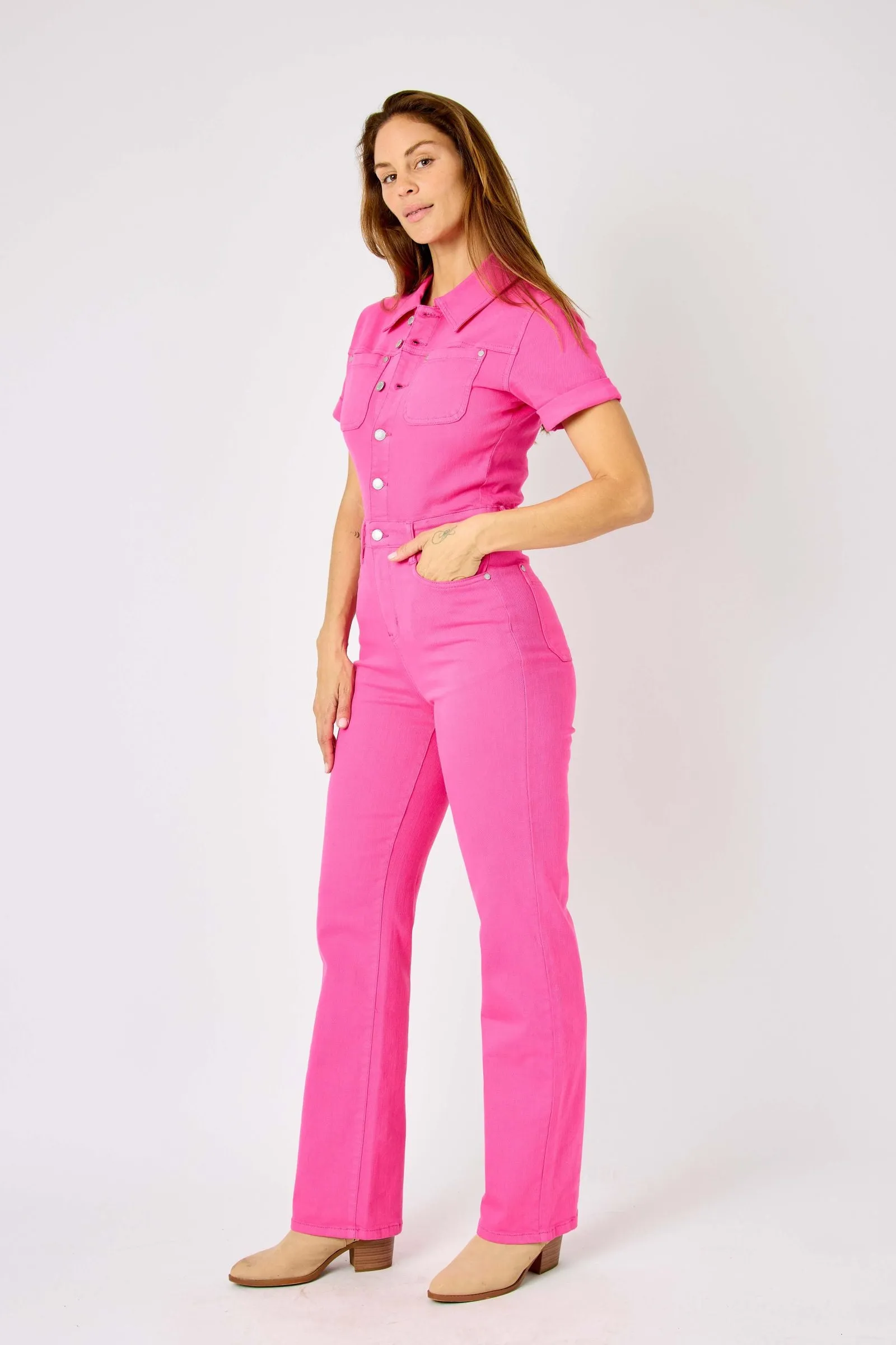 Judy Blue High Waist Garment Dyed Hot Pink Short Sleeve Straight Denim Jumpsuit 88834