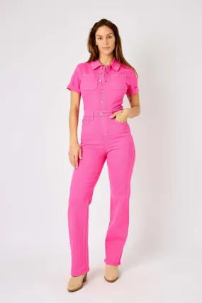 Judy Blue High Waist Garment Dyed Hot Pink Short Sleeve Straight Denim Jumpsuit 88834