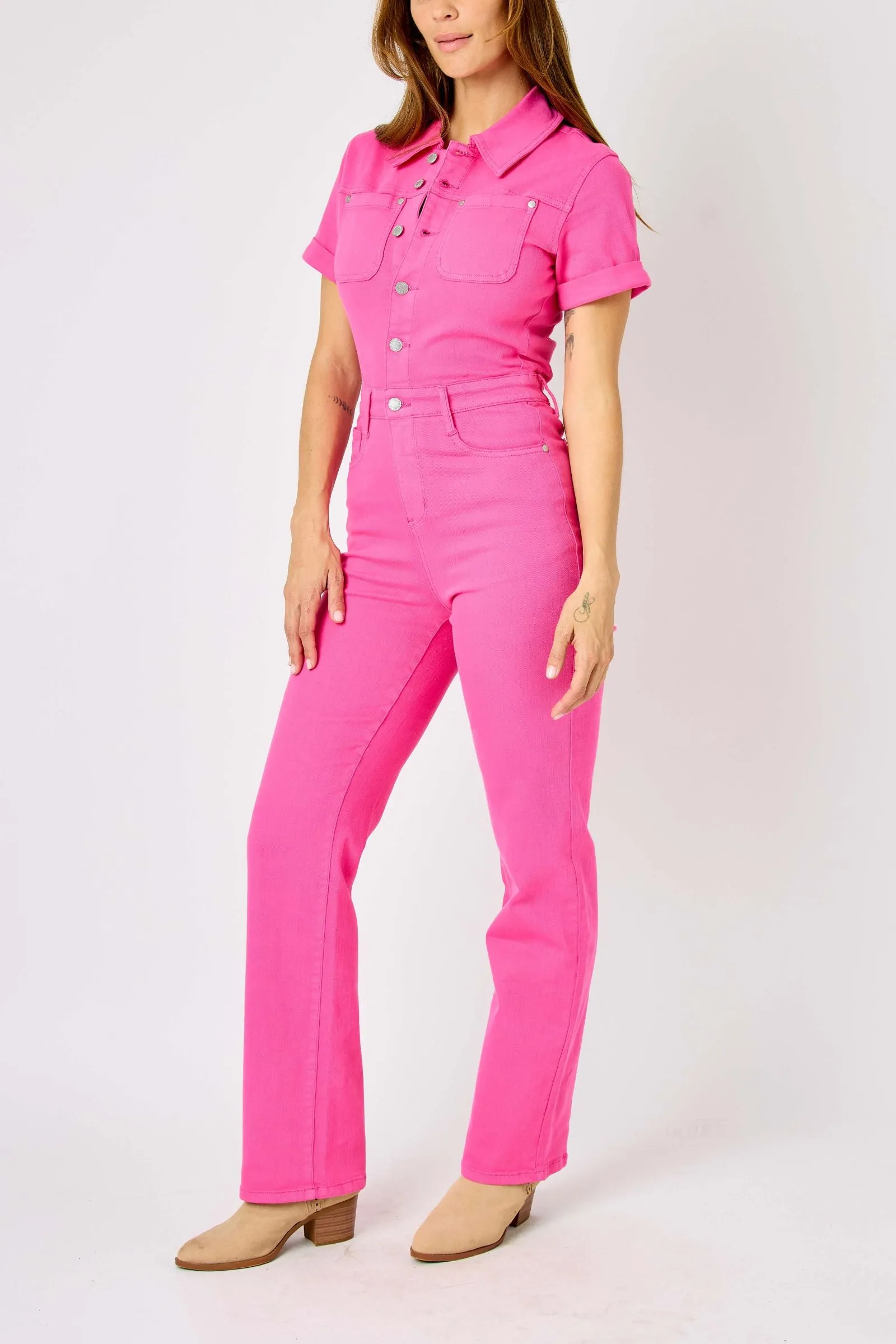 Judy Blue High Waist Garment Dyed Hot Pink Short Sleeve Straight Denim Jumpsuit 88834