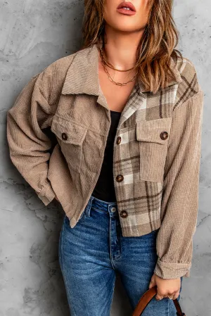 Khaki Plaid Patchwork Corduroy Cropped Jacket