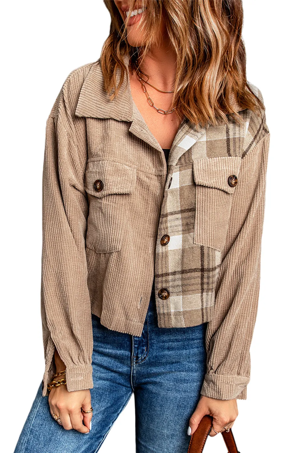 Khaki Plaid Patchwork Corduroy Cropped Jacket