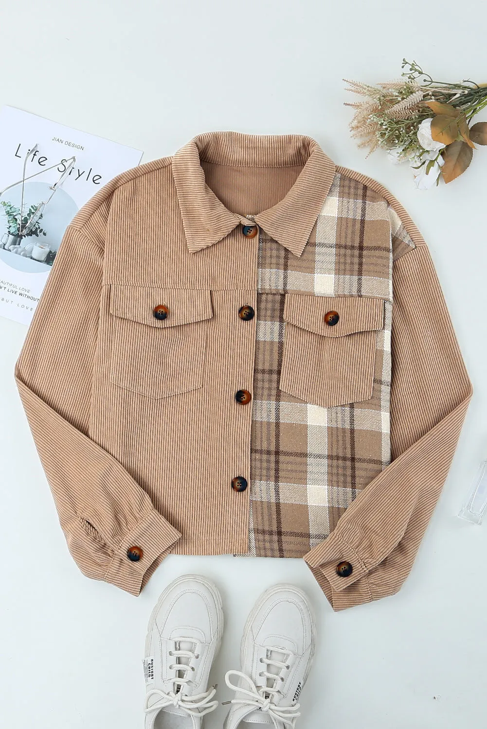 Khaki Plaid Patchwork Corduroy Cropped Jacket