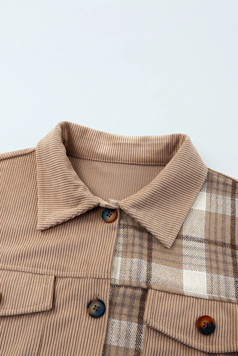 Khaki Plaid Patchwork Corduroy Cropped Jacket