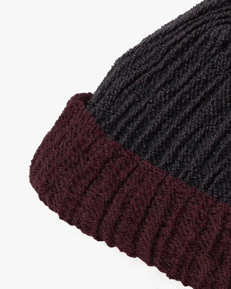 Kobo Oriza Knit Cap, Multi Functional, Cotton and Wool Blend, Split Burgundy and Eggplant, 9 ˝