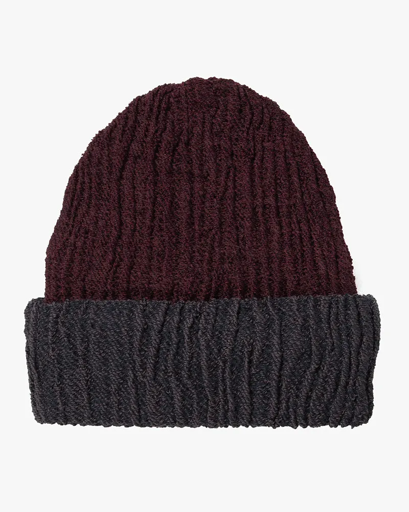 Kobo Oriza Knit Cap, Multi Functional, Cotton and Wool Blend, Split Burgundy and Eggplant, 9 ˝