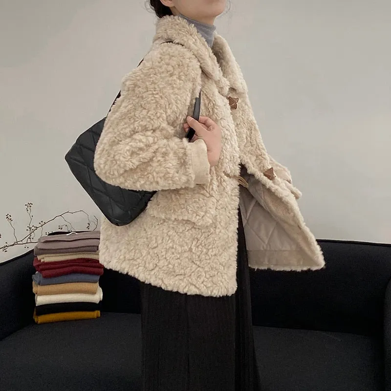 [Korean Style] Faux Lamb Fur Collared Duffle Coat