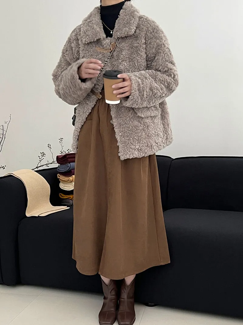 [Korean Style] Faux Lamb Fur Collared Duffle Coat