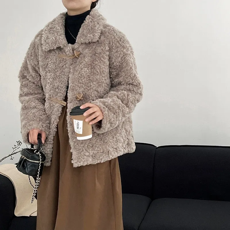 [Korean Style] Faux Lamb Fur Collared Duffle Coat