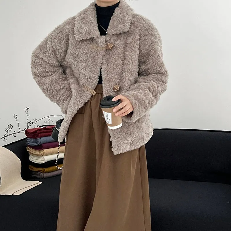 [Korean Style] Faux Lamb Fur Collared Duffle Coat