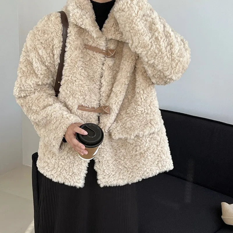 [Korean Style] Faux Lamb Fur Collared Duffle Coat