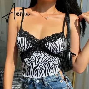 Lace Patchwork Y2k Fashion Cami Tanks Crop Top Women Sexy Low Cut Camisole Spaghetti Strap Zebra Pattern Deep V Sleeveless Vest