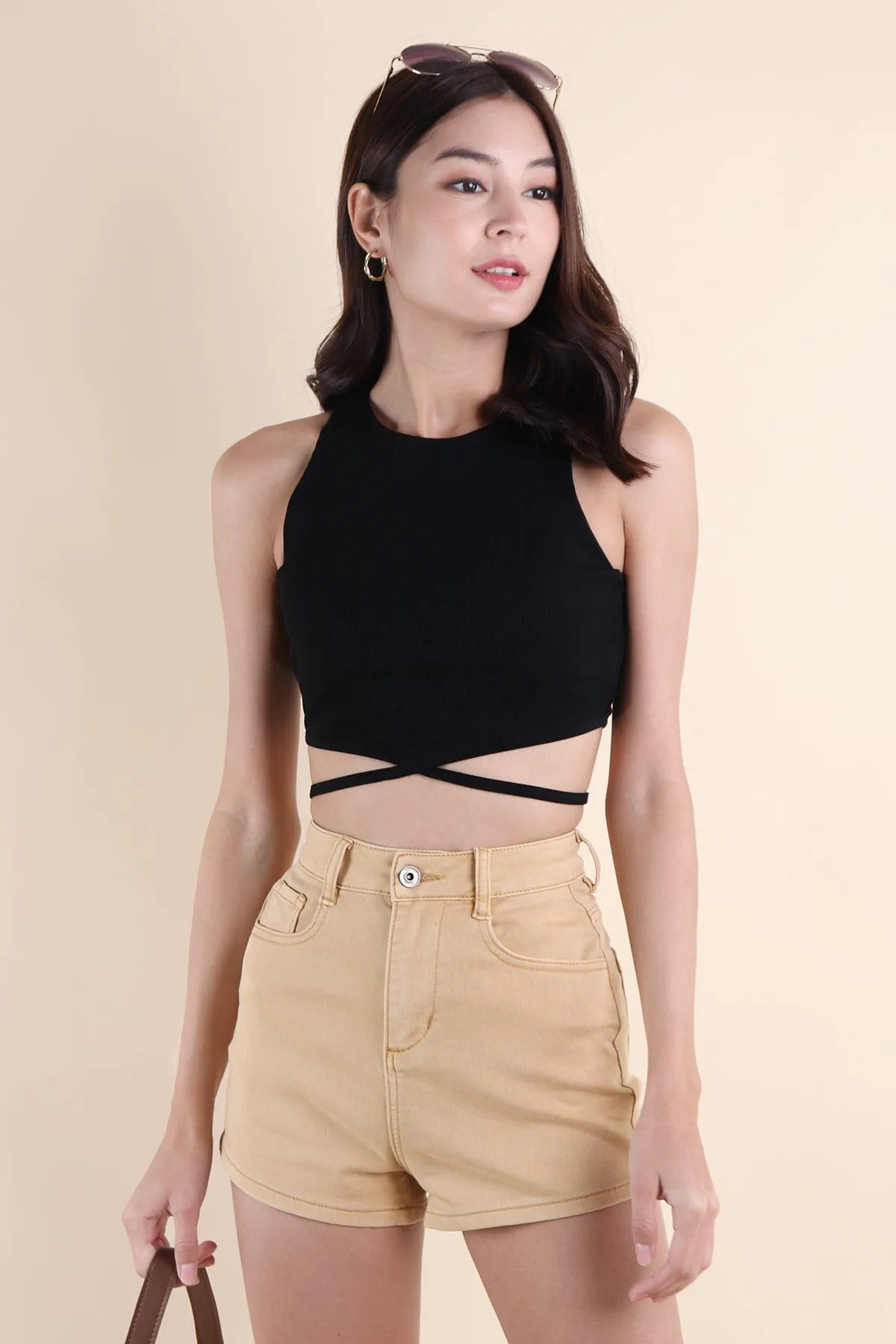 LUNA CURVE HEM DENIM SHORTS IN KHAKI