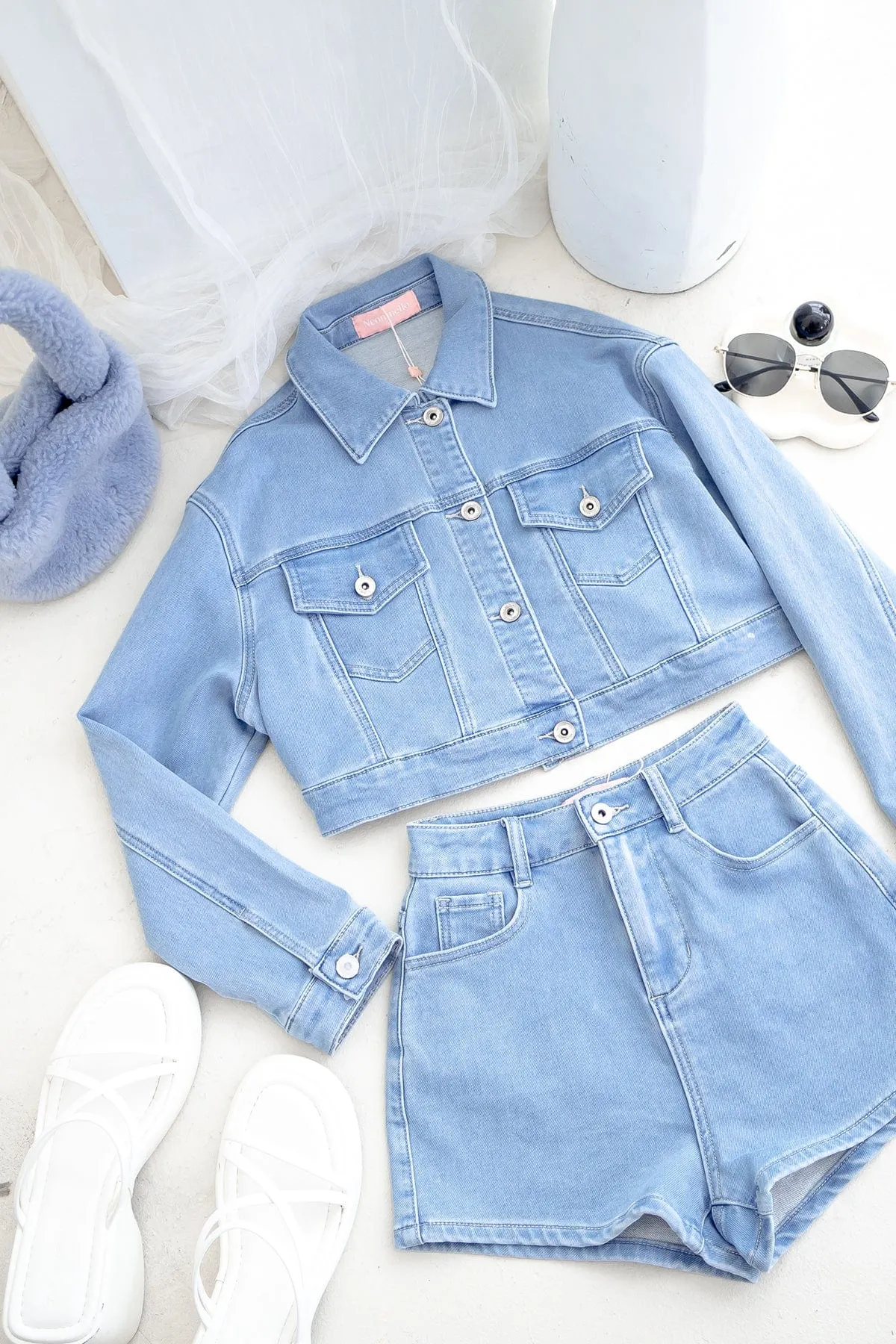 LUNA DENIM 2-PC SHORTS SET IN BLUE