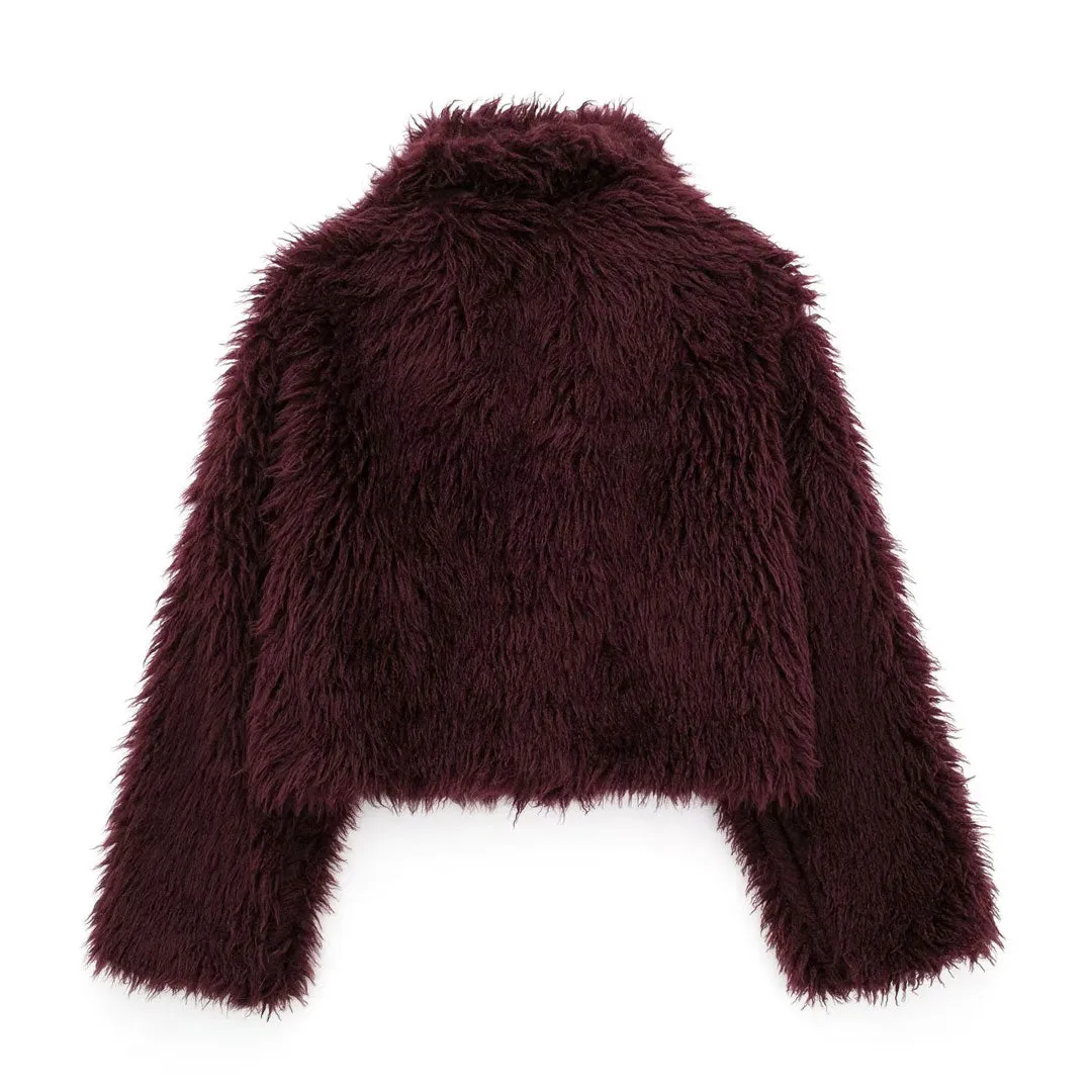 Luxury Lapel Collar Long Sleeve Oversized Cropped Plush Faux Fur Jacket