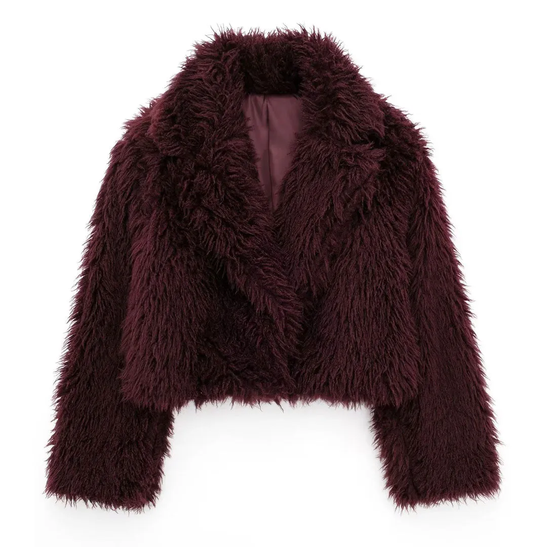 Luxury Lapel Collar Long Sleeve Oversized Cropped Plush Faux Fur Jacket