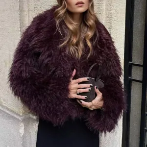 Luxury Lapel Collar Long Sleeve Oversized Cropped Plush Faux Fur Jacket